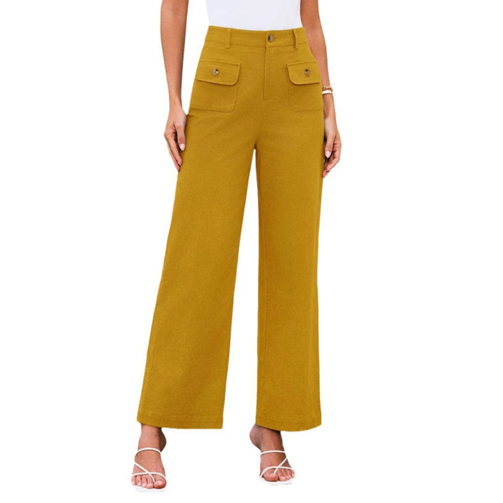 Women's High-Waist Wide-Leg Trousers with Button-Flap Patch Pockets Mune Fashion