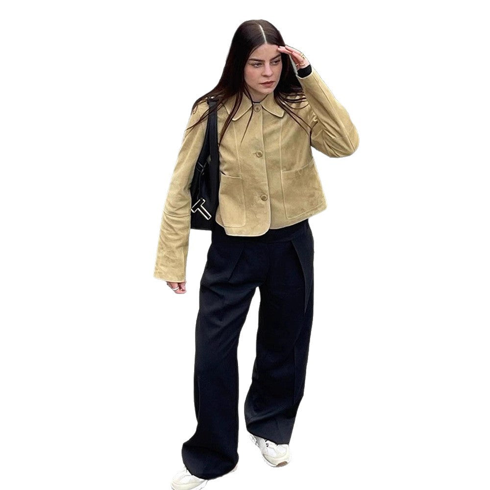 Women's Short Suede Jacket with Rounded Collar and Boxy Cropped Cut Mune Fashion