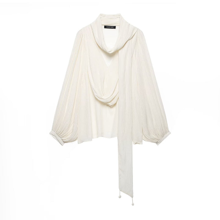 Women Pleated Oversized Blouse with Funnel Neck and Decorative Tied Scarf Mune Fashion