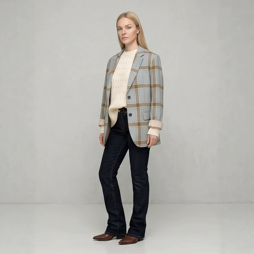 Women Oversize Check Blazer in Glencheck with boxy silhouette and falling lapels Mune Fashion