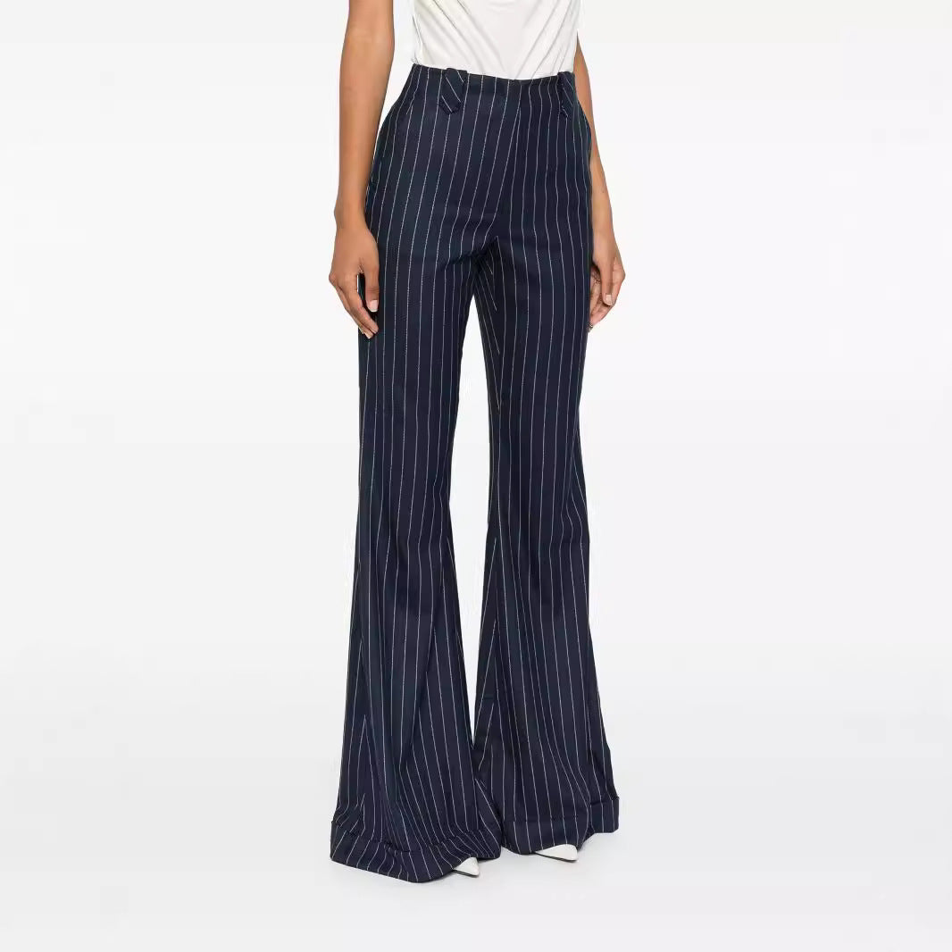 Women High-Waisted Pinstripe Palazzo Pants with Wide Flare Mune Fashion