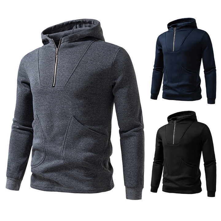 Men's Hooded Half-Zip Pullover with Kangaroo Pocket and Relaxed Fit Mune Fashion
