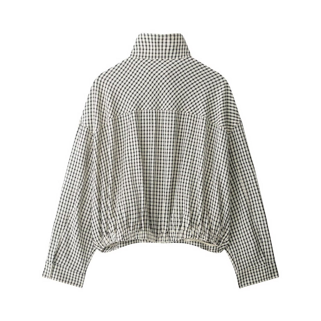 Women Checked Cropped Boxy Blouson with Stand Collar and Side Pockets Mune Fashion
