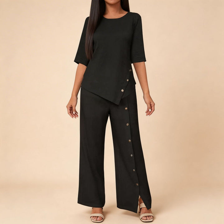 Women's asymmetric two-piece lounge set with 3/4 sleeves and side button decoration Mune Fashion