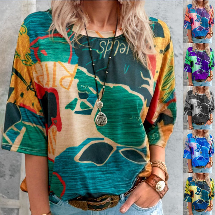Women's Loose Viscose Print Shirt with Half-Length Sleeves and Round Neck Mune Fashion