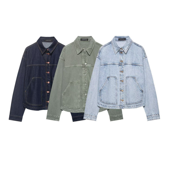 Women's Boxy Cropped Denim Work Jacket with Large Applied Front Pockets Mune Fashion