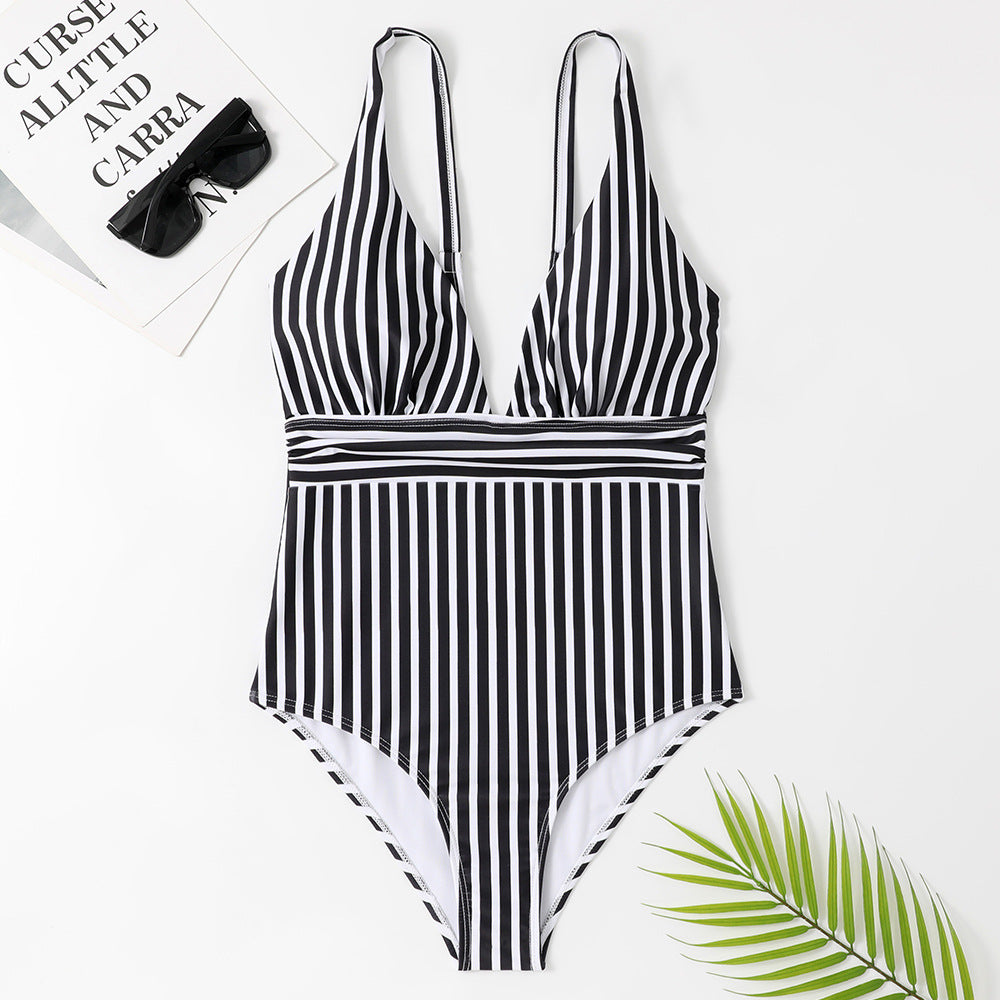 Women's One-Piece Swimsuit with Deep V-Neck and Fashionable Stripes Mune Fashion