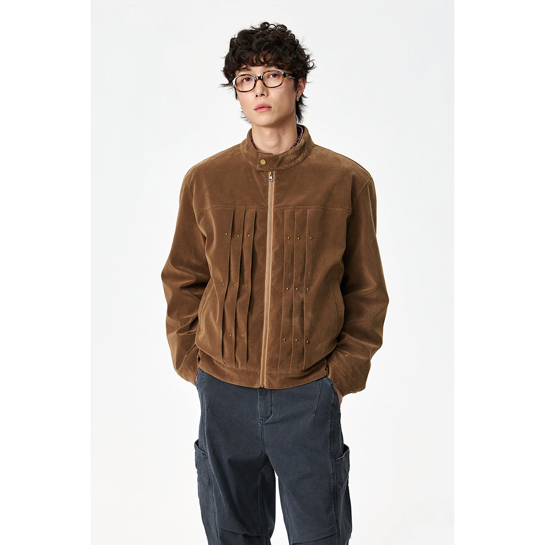 Men's Velour Leather Look Blouson Jacket with Pleated Yoke and Stud Detail Mune Fashion