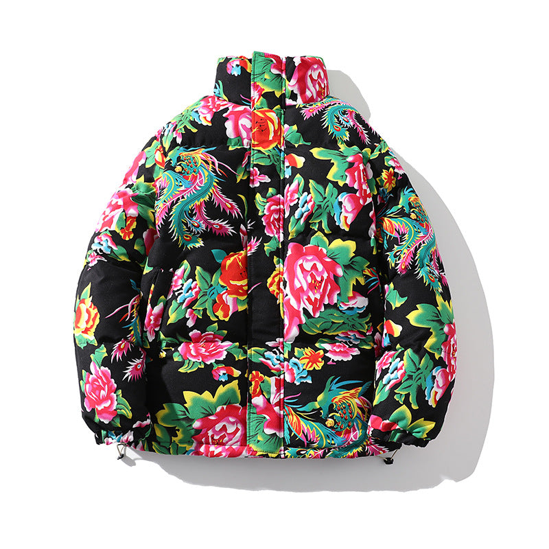 Women’s Padded Quilted Puffer Jacket with Large Floral Print and Stand Collar Mune Fashion