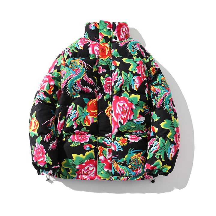 Women’s Padded Quilted Puffer Jacket with Large Floral Print and Stand Collar Mune Fashion