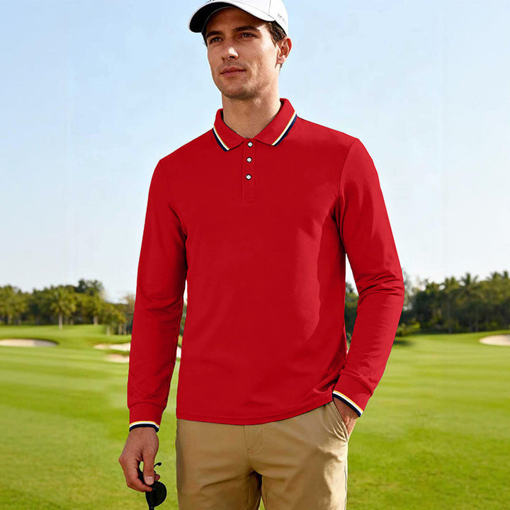 Men's Long-Sleeved Performance Golf Polo Shirt with Contrast Collar Mune Fashion