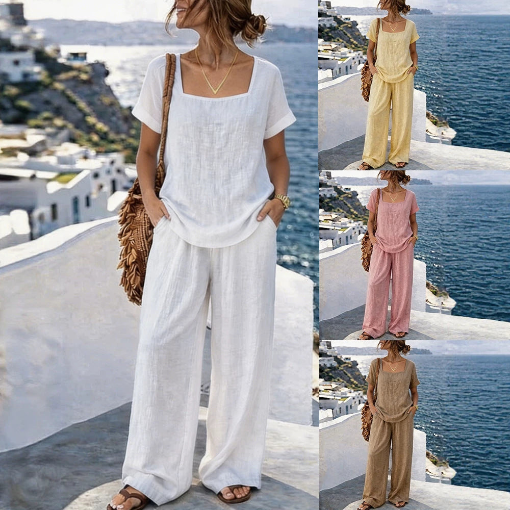 Ladies Airy Linen Top with Wide Pants Mune Fashion