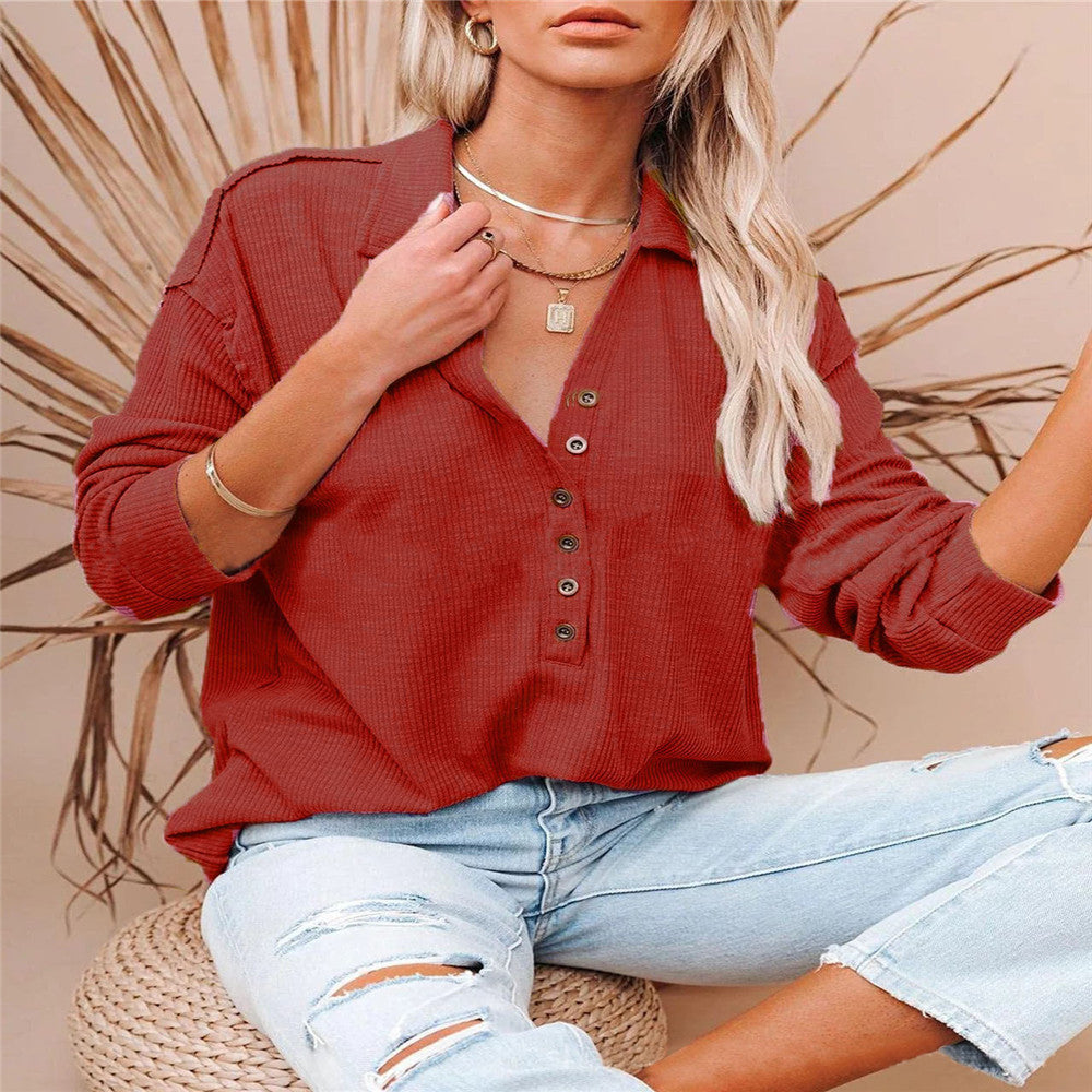 Women's casual waffle polo shirt with Henley button placket and dropped shoulder Mune Fashion