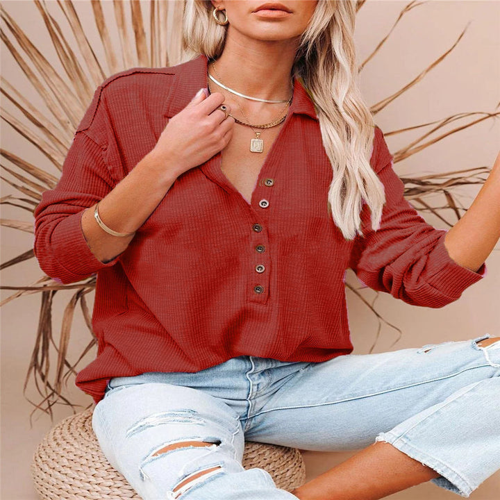 Women's casual waffle polo shirt with Henley button placket and dropped shoulder Mune Fashion