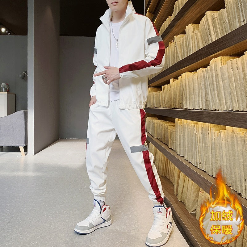 Men's Athleisure Track Set in Retro College Look with Contrast Stripes, Reflective Panels & Elastic Hem Mune Fashion