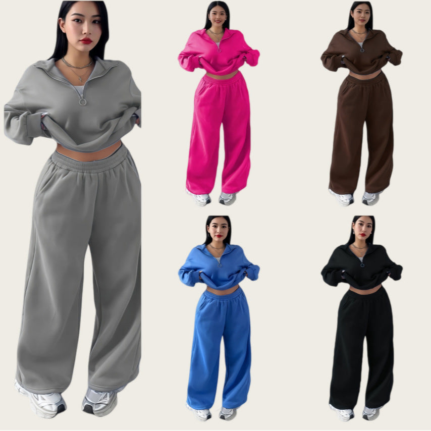Women's Cropped Oversized Sweatshirt with Half Zipper and Wide High-Waist Jogging Pants Set Mune Fashion