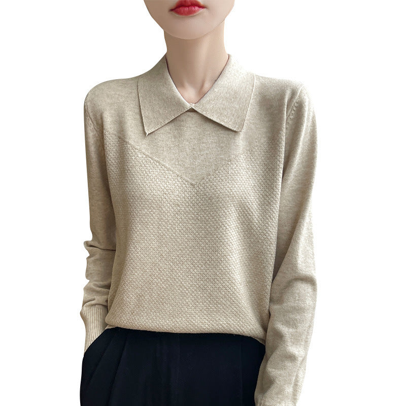 Women's Knit Sweater with Shirt Collar and Textured Front Mune Fashion