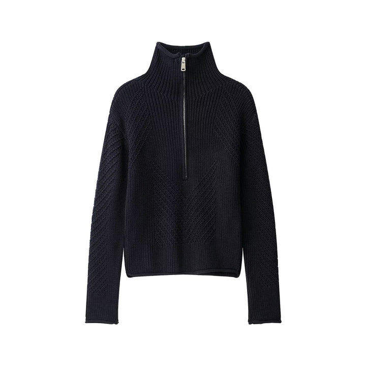 Ladies chunky knit pullover with half zipper and high stand-up collar Mune Fashion