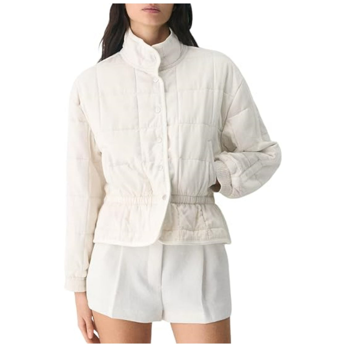 Women's cropped quilted jacket with stand-up collar and drawstring waist Mune Fashion