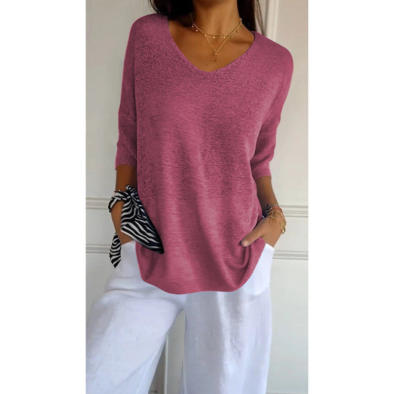 Women's relaxed fit V-neck fine knit pullover with three-quarter sleeves Mune Fashion