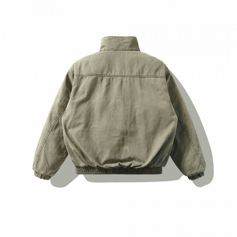 Unisex Loose-Fitting Canvas Utility Jacket with Standing Collar, Flap Pockets and Elastic Hem Mune Fashion