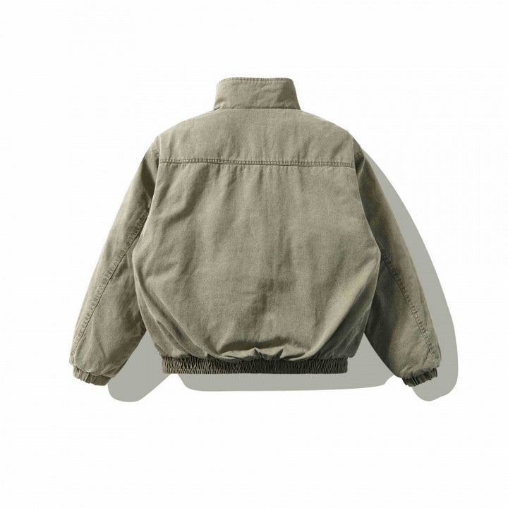 Unisex Loose-Fitting Canvas Utility Jacket with Standing Collar, Flap Pockets and Elastic Hem Mune Fashion