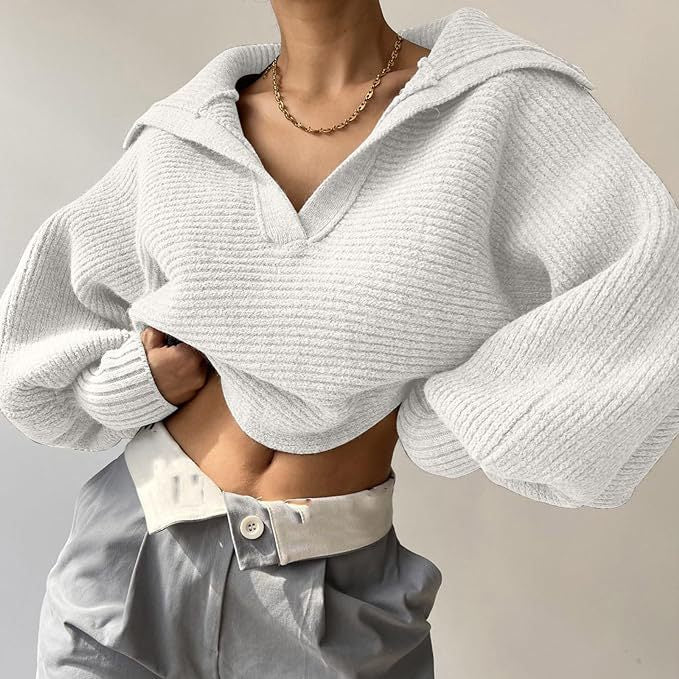 Women's chunky knit pullover with wide collar and V-neck Mune Fashion