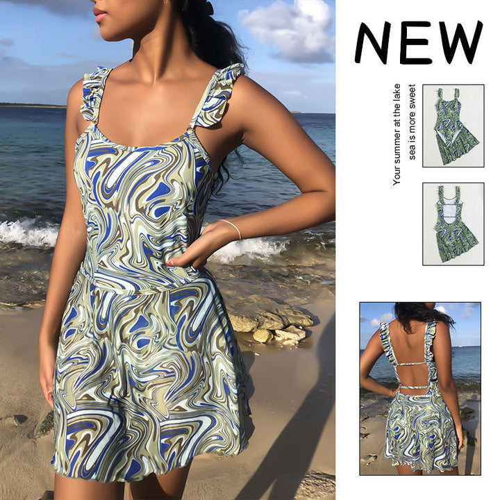 Women's one-piece swimsuit with playful ruffle design and abstract pattern Mune Fashion