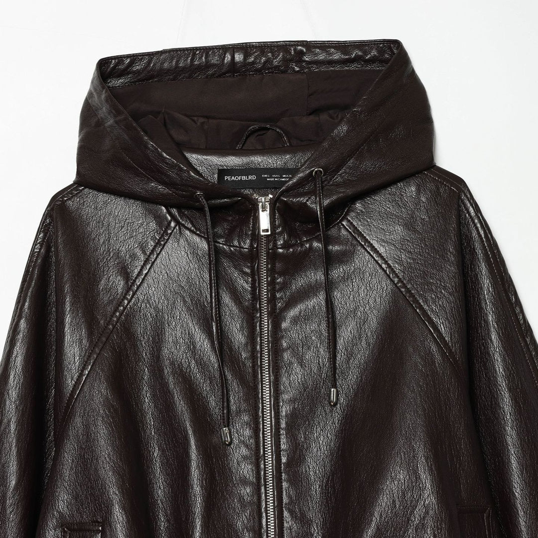 Women's Short Hooded Leather Look Bomber Jacket with Drawstring Hem Mune Fashion