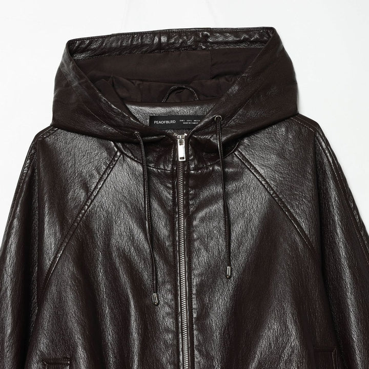 Women's Short Hooded Leather Look Bomber Jacket with Drawstring Hem Mune Fashion
