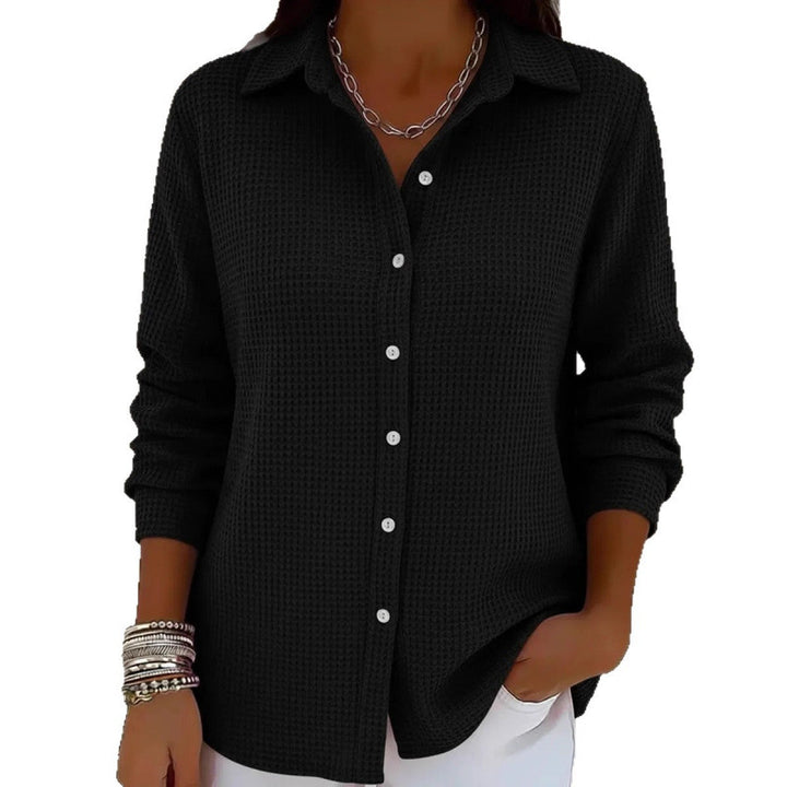 Women's Structured Shirt Blouse in Waffle Knit with Classic Collar and Continuous Button Placket Mune Fashion