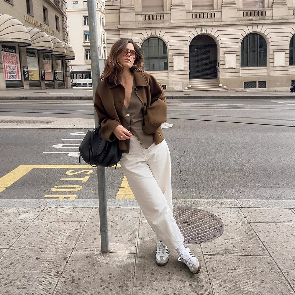 Women Short Wool Blend Blazer with Boxy Silhouette and Extra Long Sleeves Mune Fashion