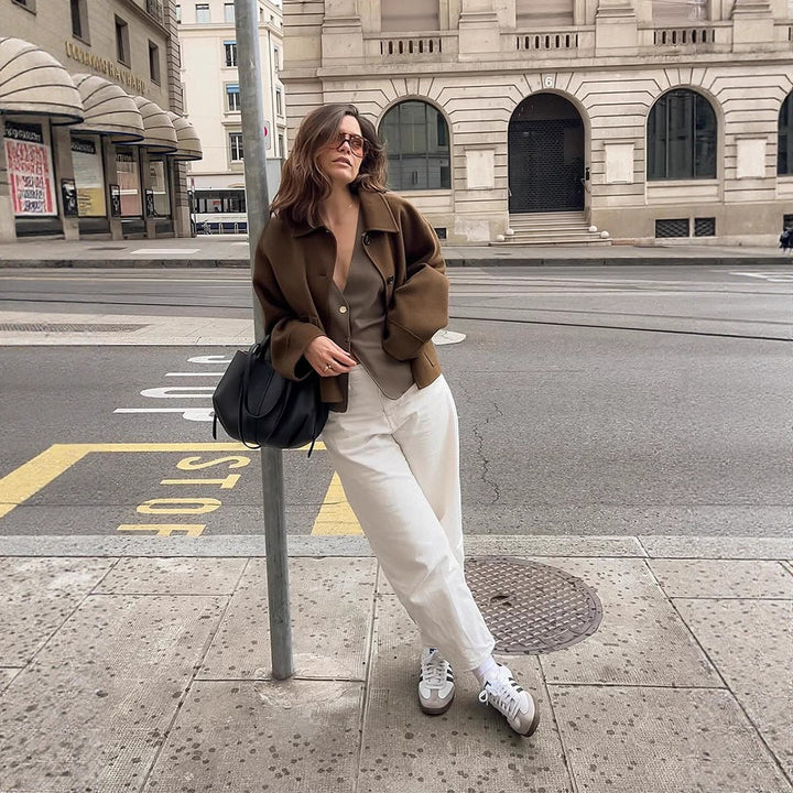 Women Short Wool Blend Blazer with Boxy Silhouette and Extra Long Sleeves Mune Fashion