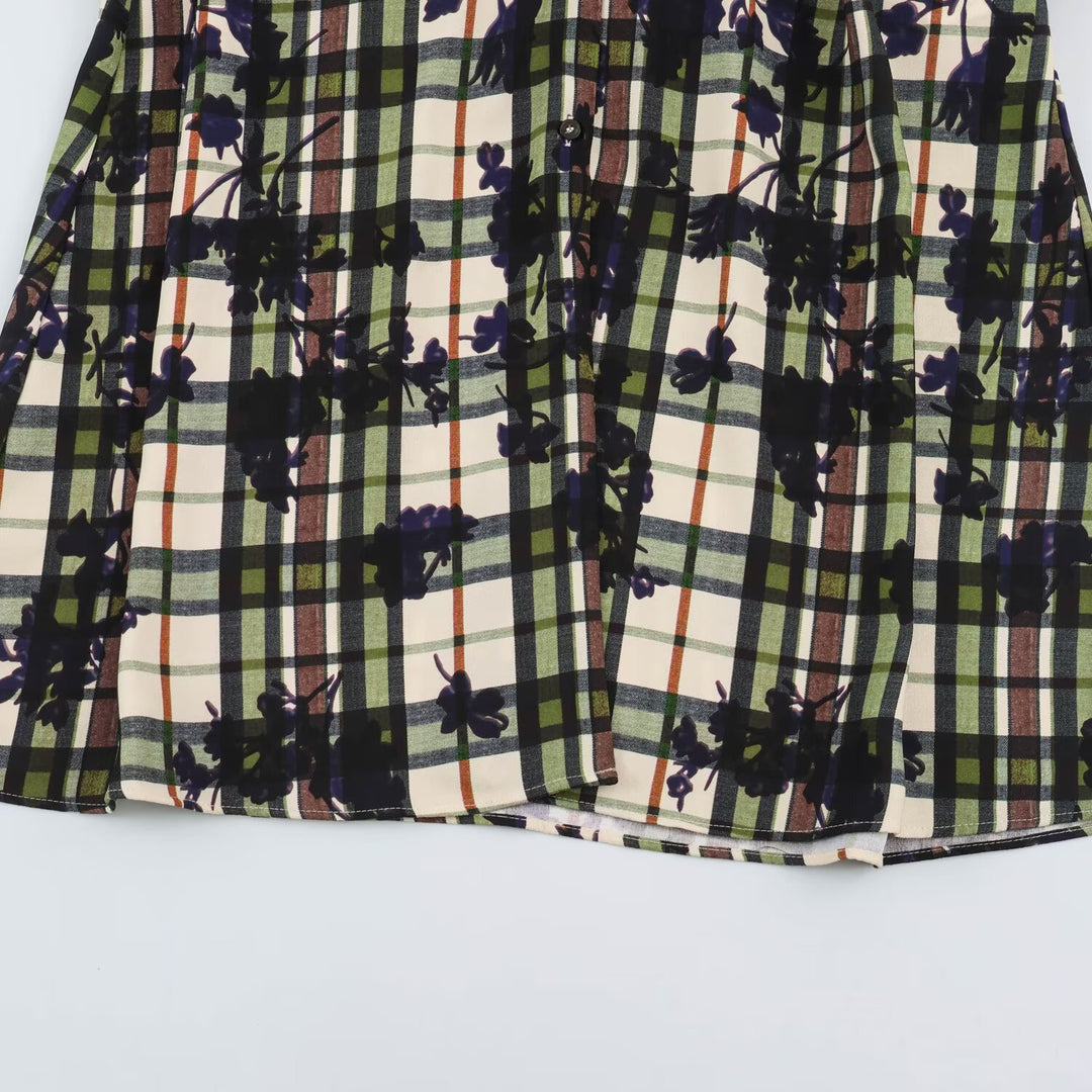 Women's shirt dress with checkered pattern and floral print including a fitted belt Mune Fashion