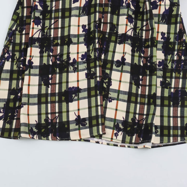 Women's shirt dress with checkered pattern and floral print including a fitted belt Mune Fashion