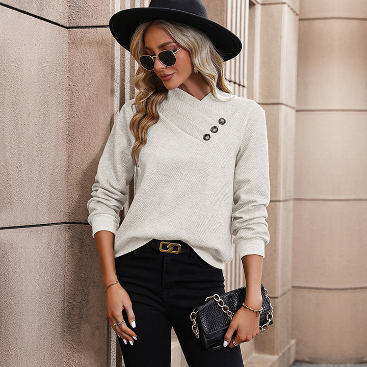 Ladies Asymmetrical Overlap Collar Fine Knit Sweater with Decorative Button Placket Mune Fashion
