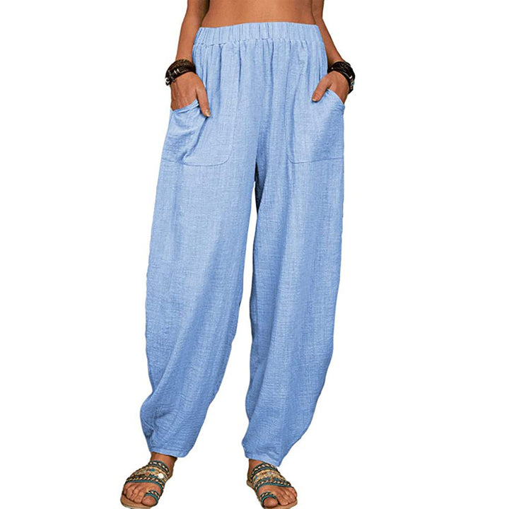 Women's relaxed linen pants with wide leg, elastic waistband and large patch pockets Mune Fashion