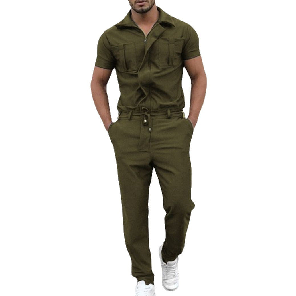 Men's short-sleeved overall work suit with concealed front closure and applied chest pockets Mune Fashion