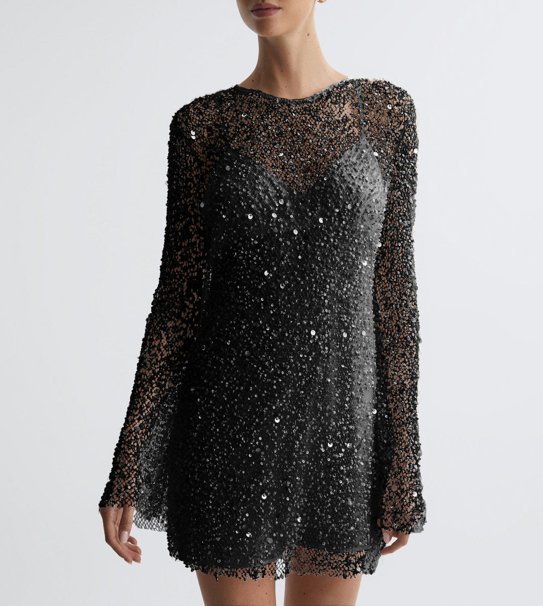 Ladies Glittering Cocktail Dress with Shimmering Sequins and Long Sleeves Mune