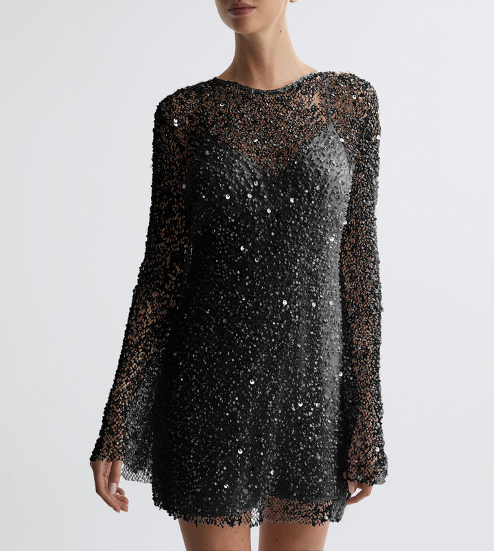 Ladies Glittering Cocktail Dress with Shimmering Sequins and Long Sleeves Mune
