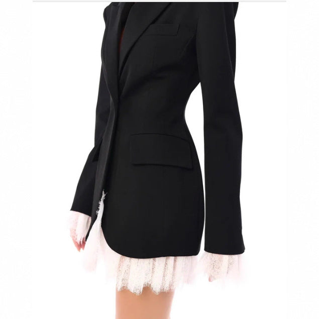 Women's longer tailored blazer coat with lapel collar and patch pockets Mune Fashion