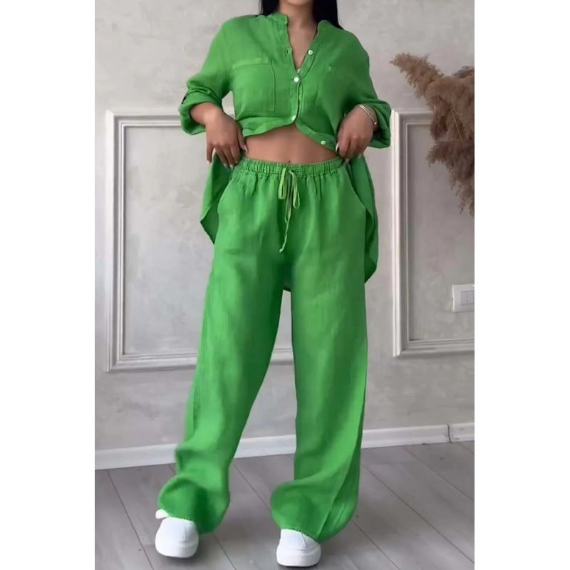 Women's Wide Linen Blend Pants with High Elastic Waistband, Drawstring and Palazzo Silhouette Mune Fashion