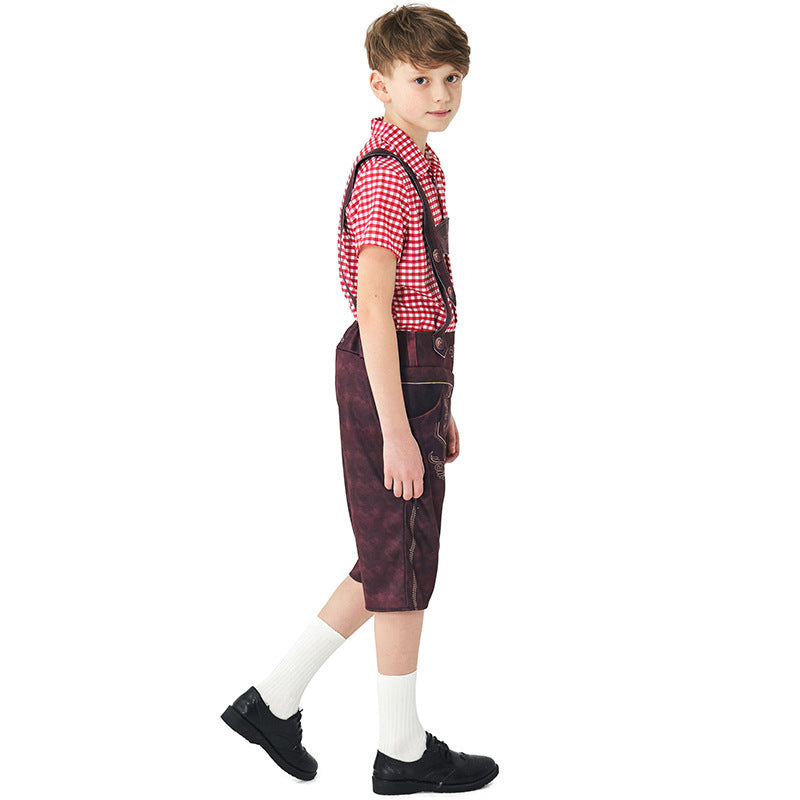 Women nan traditional Trachten lederhosen with adjustable straps and checked blouse set Mune Fashion
