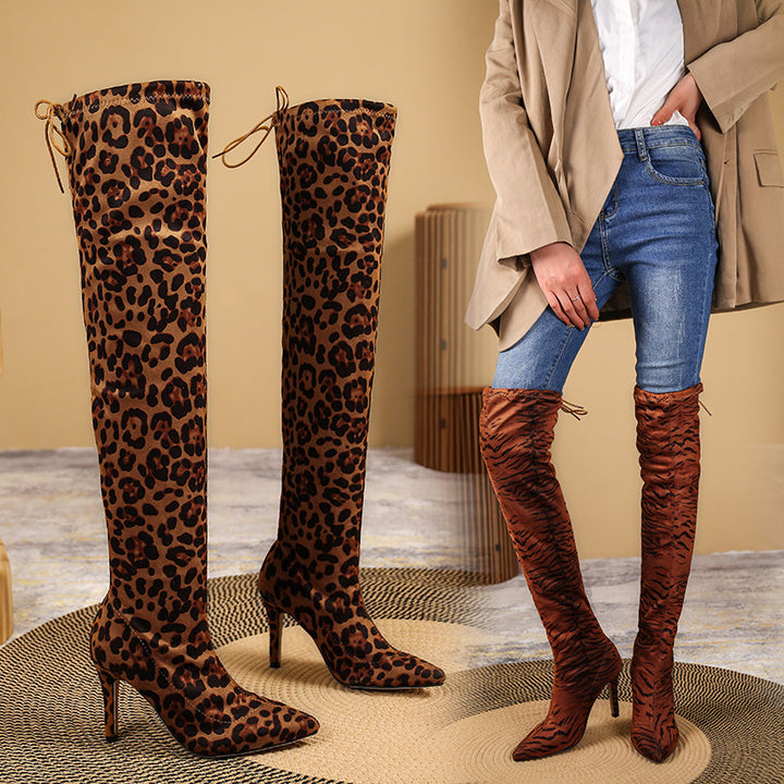 Women's Over-the-Knee Boots with Leopard Print, Slim Stiletto Shape Mune Fashion