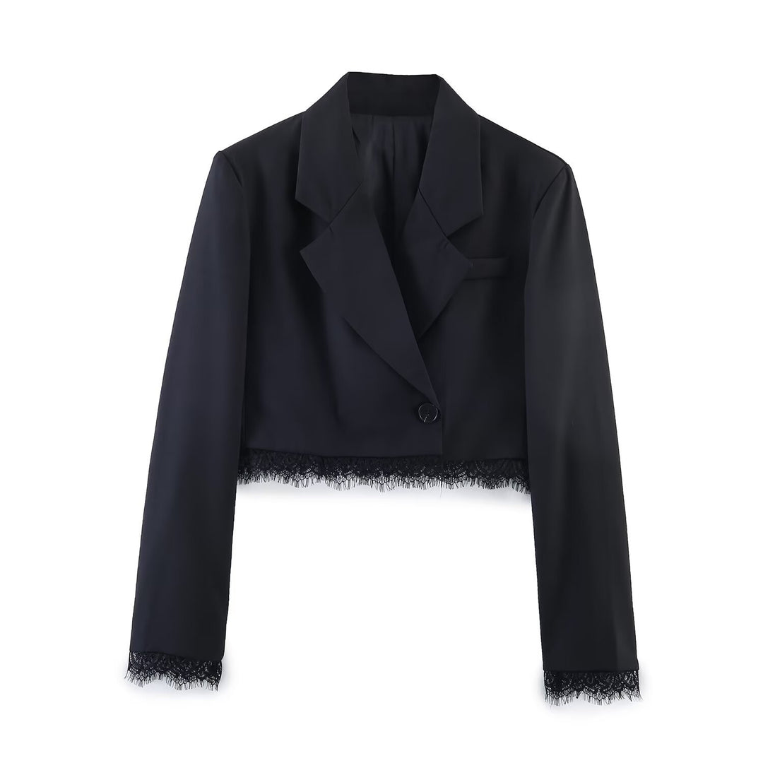 Women Cropped Blazer with Lace Trim, Tailored Single Button Silhouette Mune Fashion