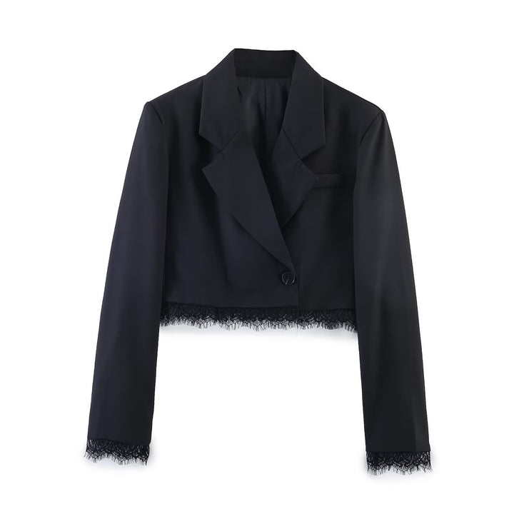 Women Cropped Blazer with Lace Trim, Tailored Single Button Silhouette Mune Fashion