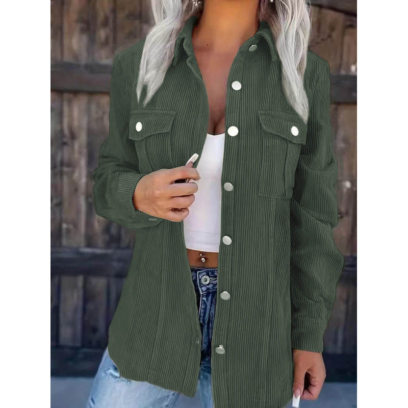 Ladies cord shirt jacket in shacket style with snap button placket and chest pockets Mune Fashion