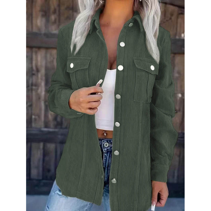 Ladies cord shirt jacket in shacket style with snap button placket and chest pockets Mune Fashion