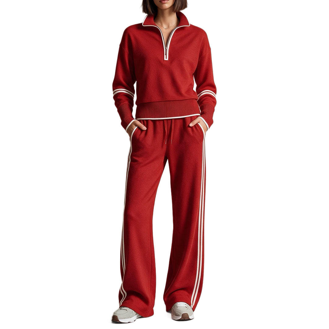 Women's Comfortable Knit Jogging Set with Stand-Up Collar, Half Zipper and Contrast Stripes Mune Fashion