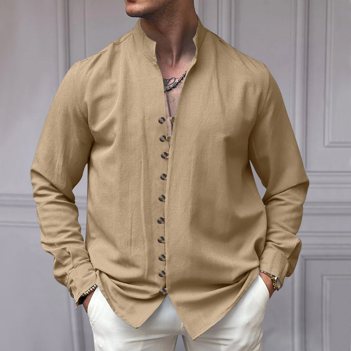Men's elegant long-sleeve linen shirt with stand-up collar, asymmetrical button placket, and slim fit Mune Fashion